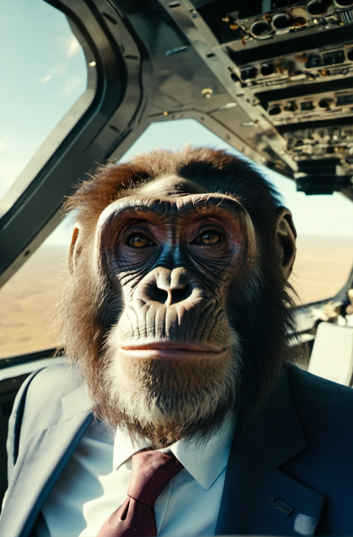 00226-optic angle UHD HDR 32k pov selfie of australopithecus politician wearing suit in the spaceship, beautiful sun and earth.png